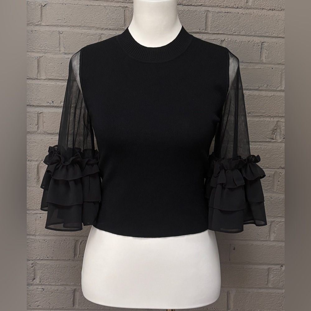 Garcia black ruffle sheer sleeve top S
